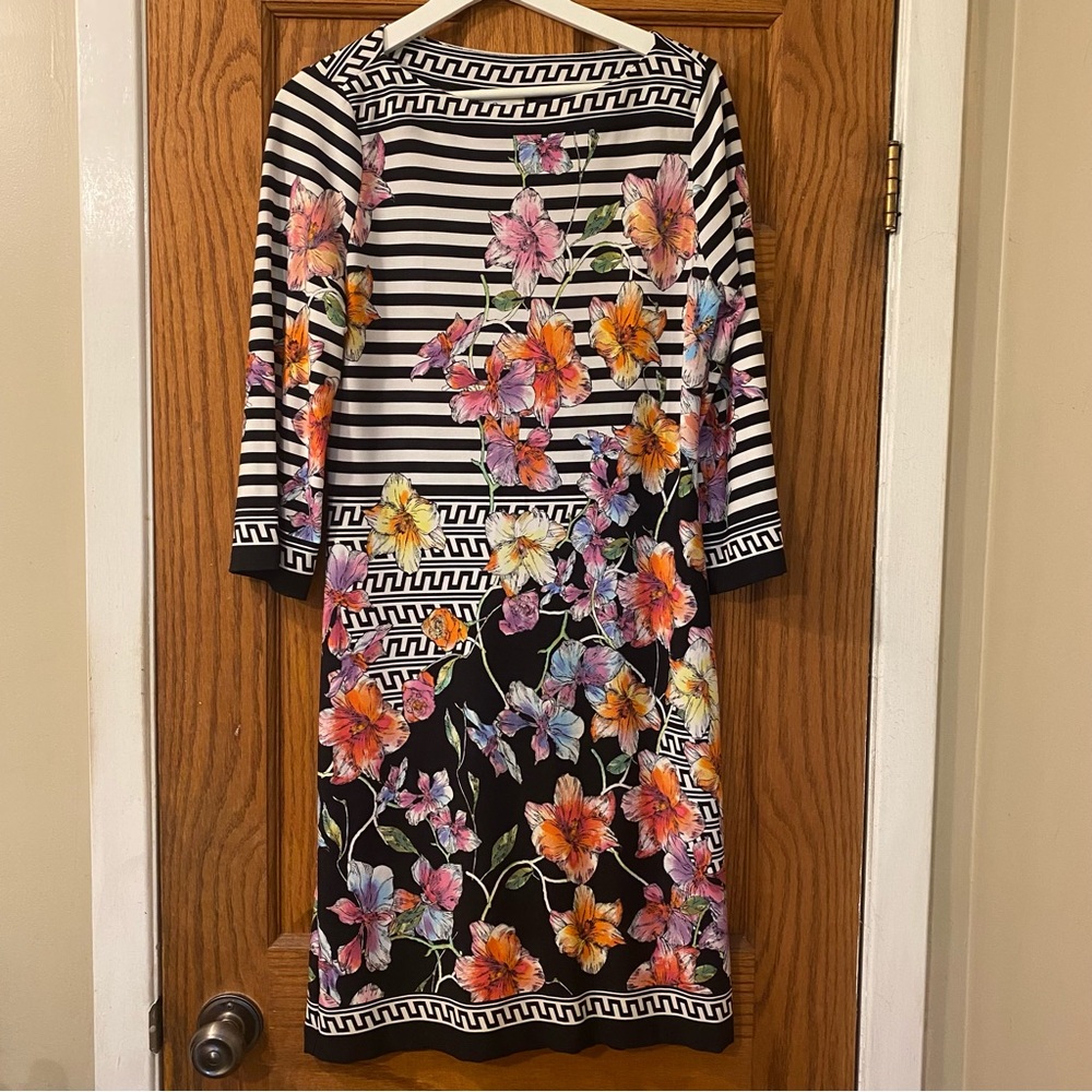 Beige by Eci Size 6 Black and White MIDI Floral Stripes Dress with Boat Neckline